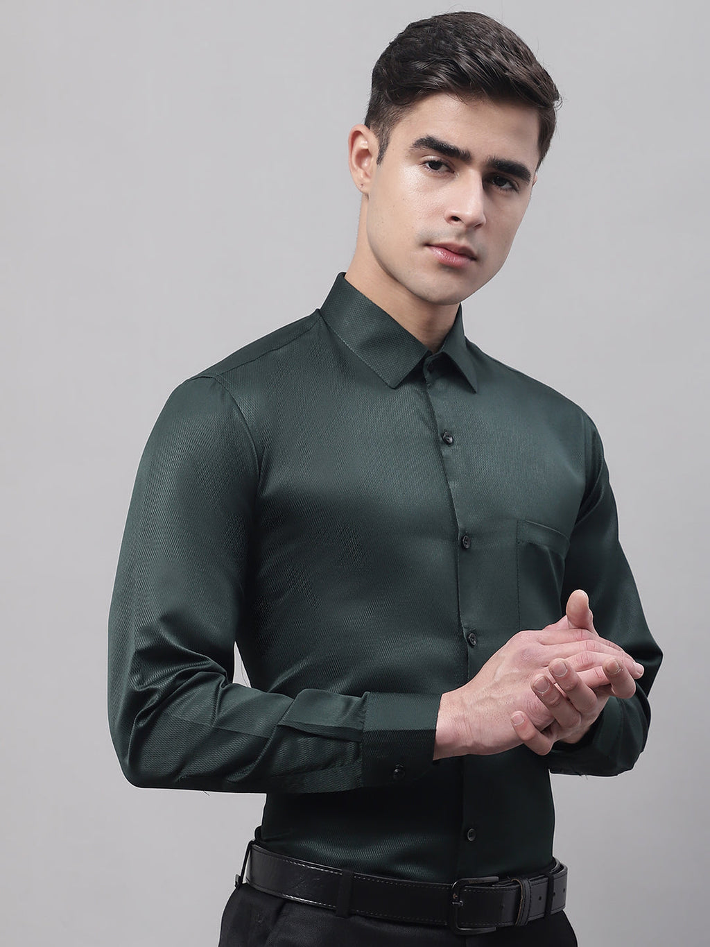 Jainish Men's Olive Green Dobby Textured Formal Shirt