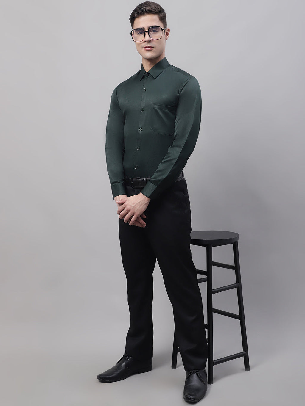 Jainish Men's Olive Green Dobby Textured Formal Shirt