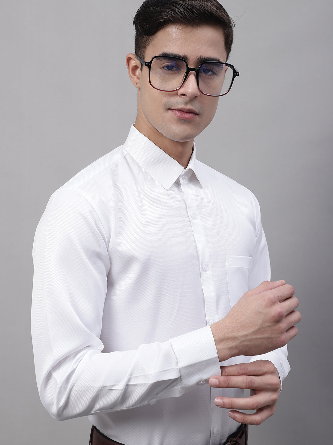 Jainish Men's White Dobby Textured Formal Shirt