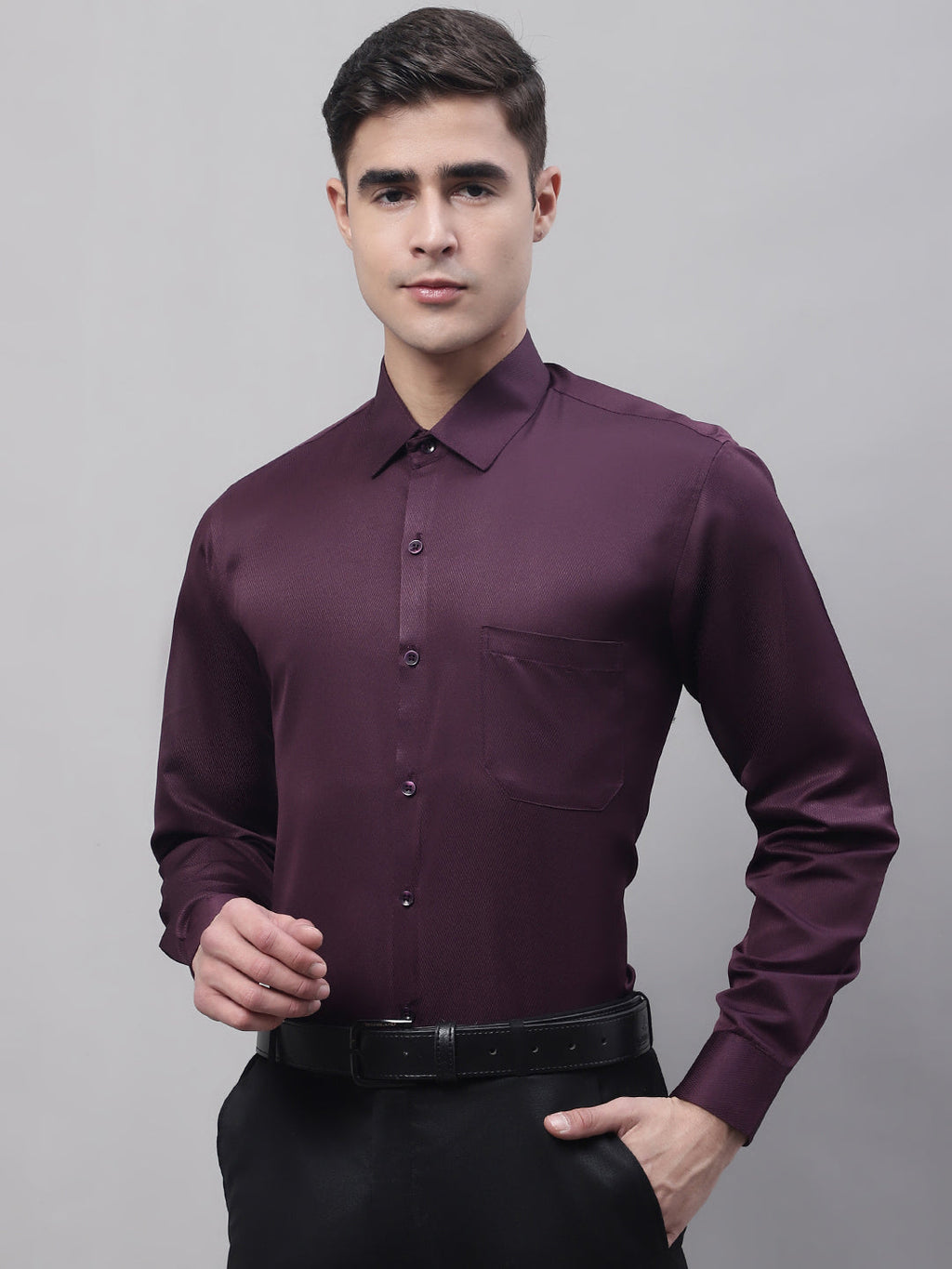 Jainish Men's Purple-Wine Dobby Textured Formal Shirt