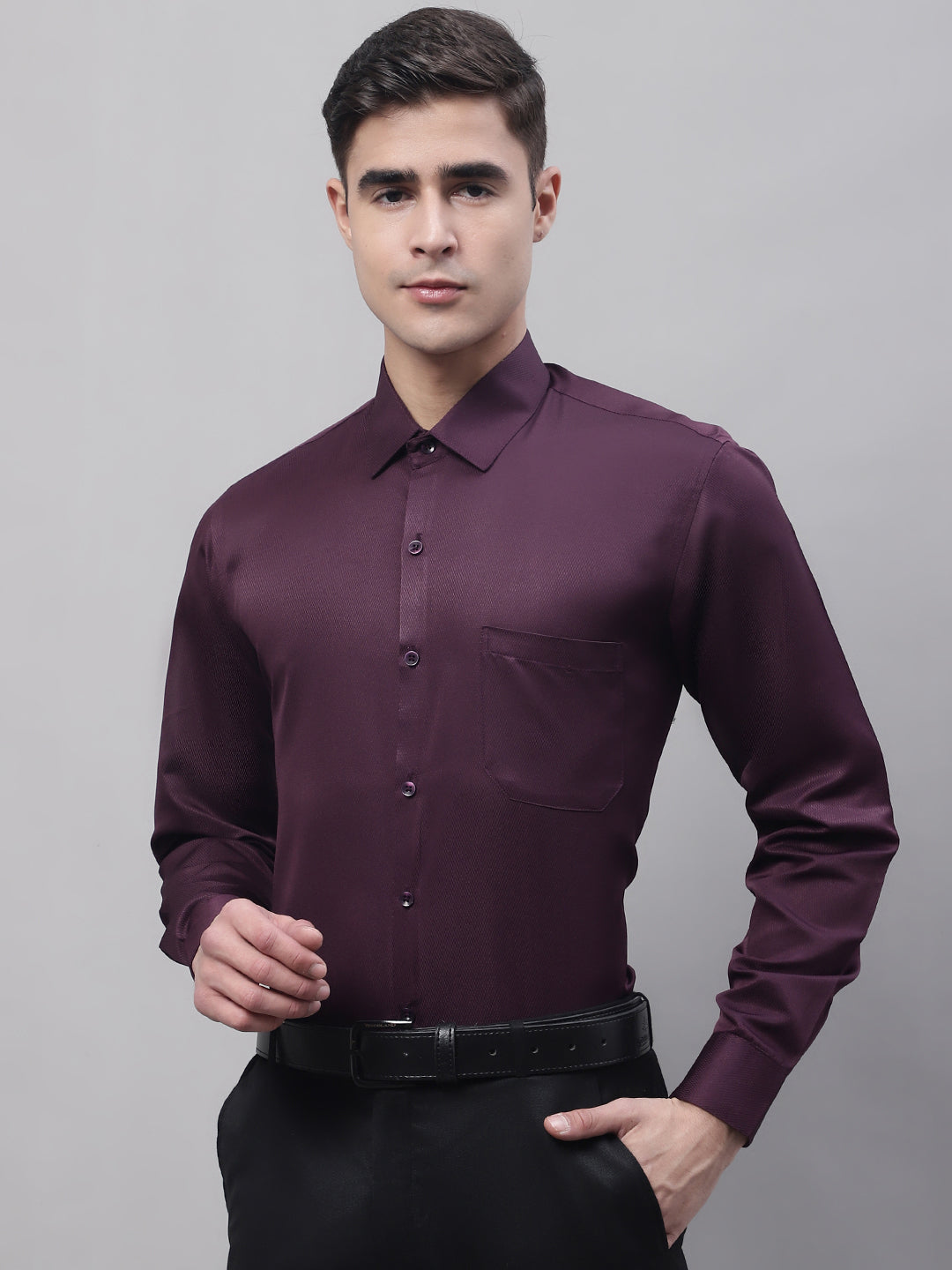 Jainish Men's Purple-Wine Dobby Textured Formal Shirt