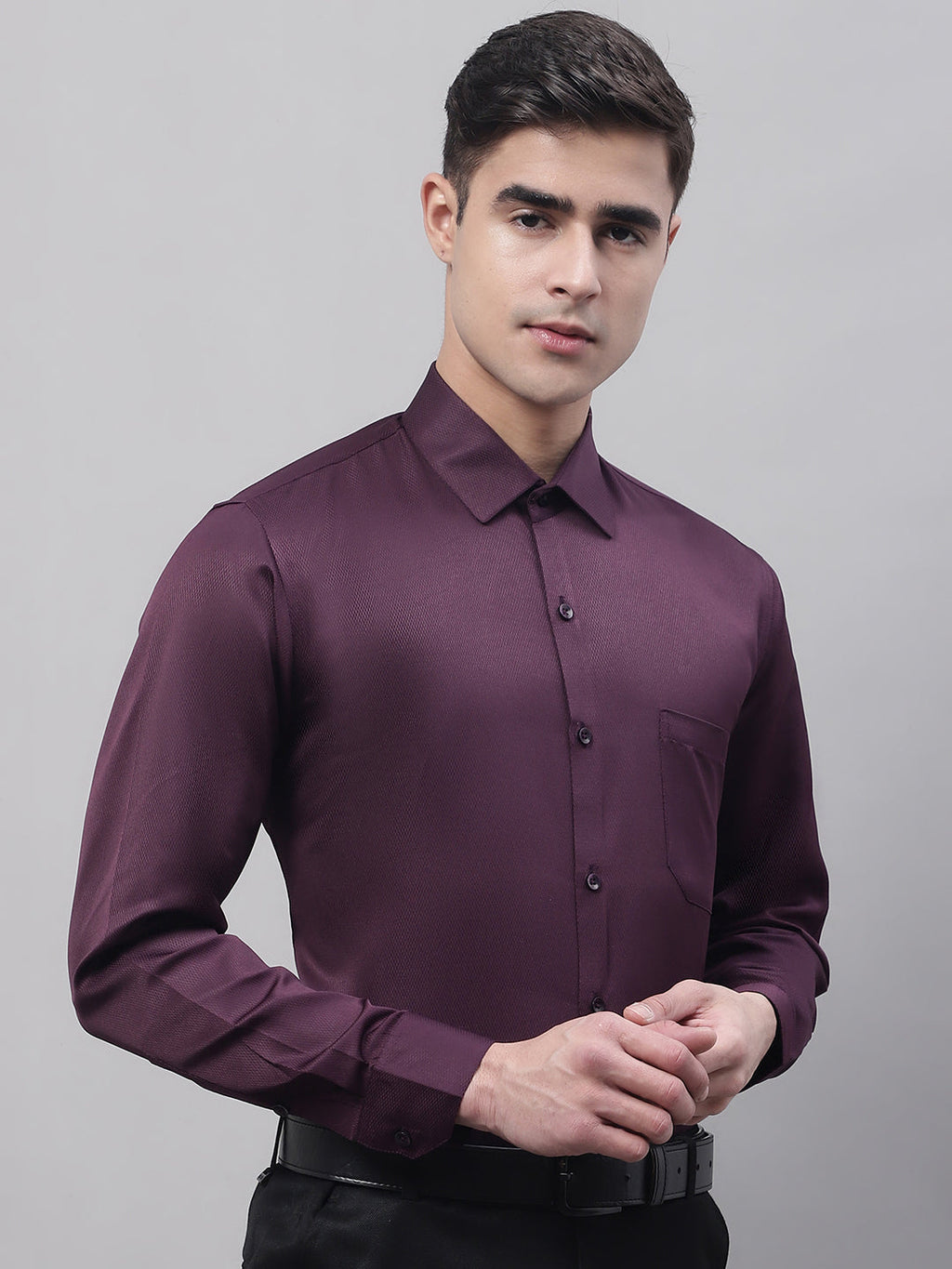 Jainish Men's Purple-Wine Dobby Textured Formal Shirt