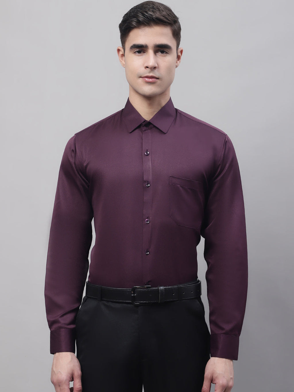 Jainish Men's Purple-Wine Dobby Textured Formal Shirt