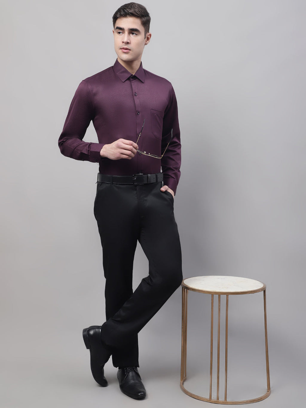 Jainish Men's Purple-Wine Dobby Textured Formal Shirt