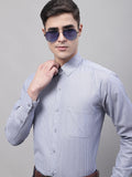 Jainish Men's Grey Vertical Striped Formal Shirt
