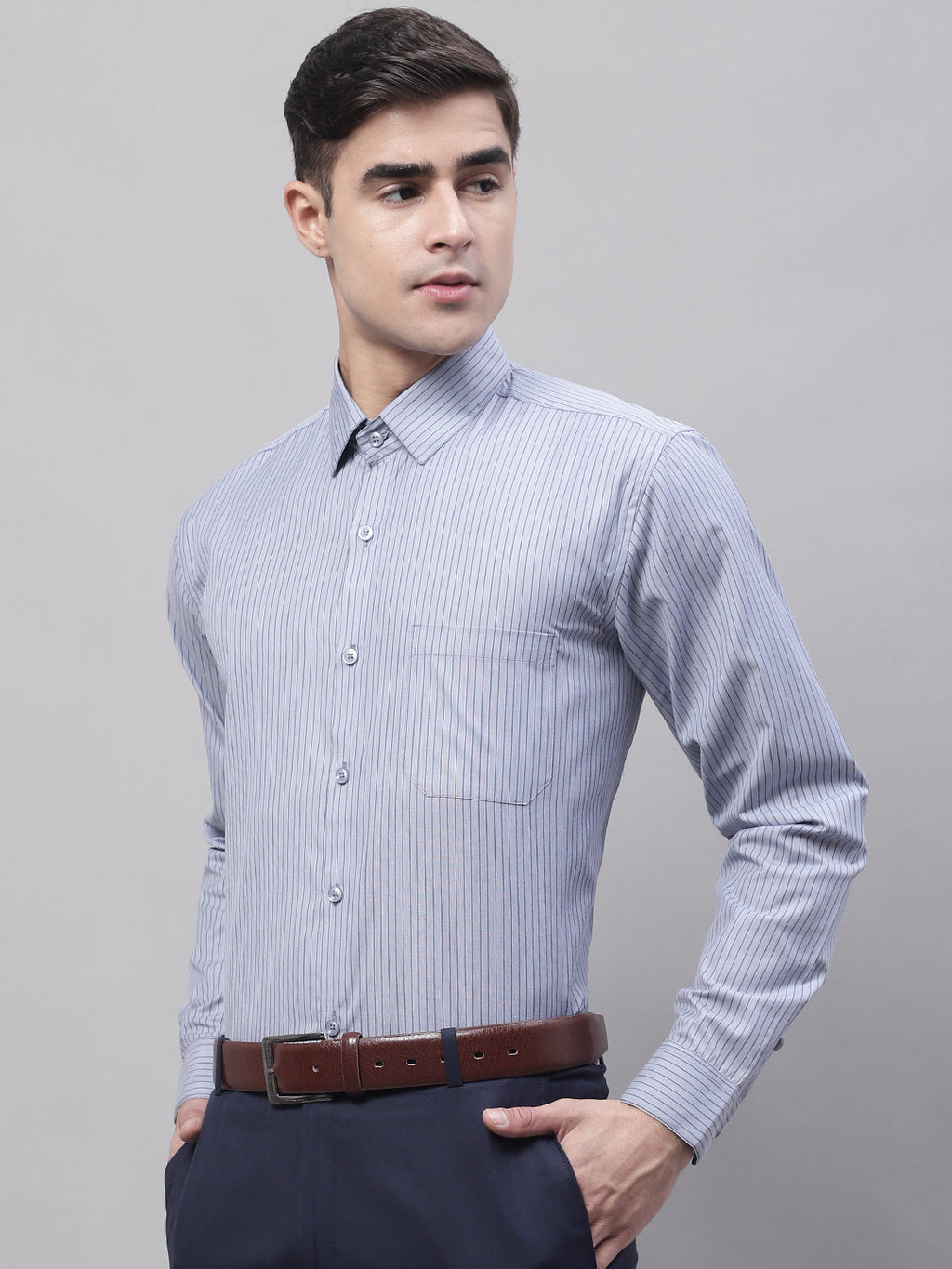 Jainish Men's Grey Vertical Striped Formal Shirt