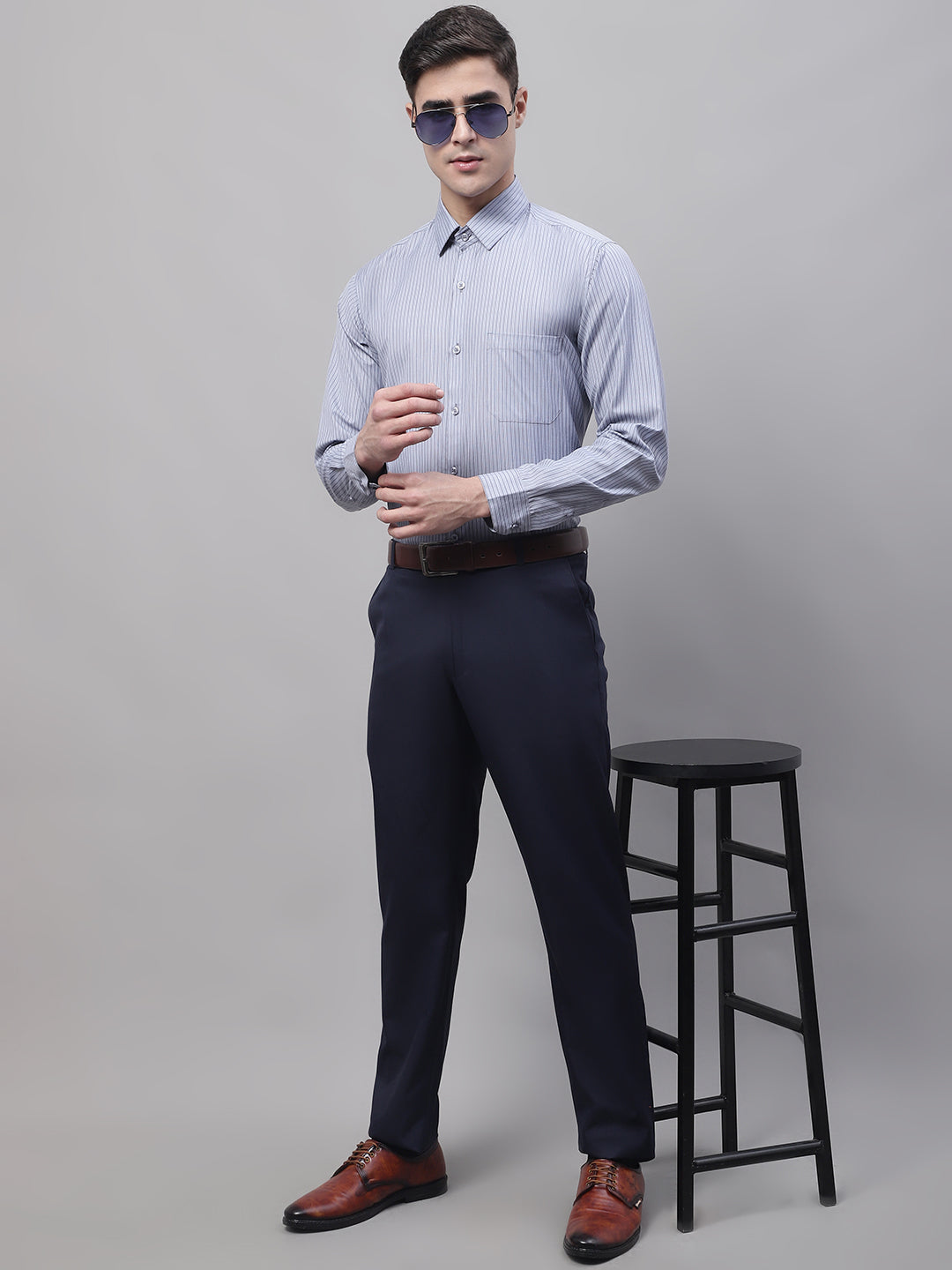 Jainish Men's Grey Vertical Striped Formal Shirt