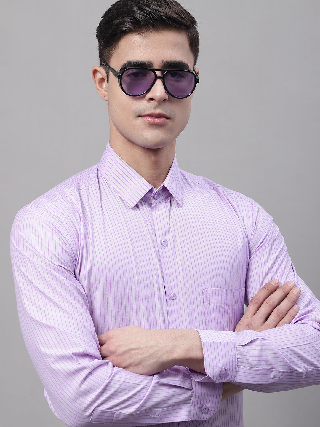 Jainish Men's Purple Vertical Striped Formal Shirt