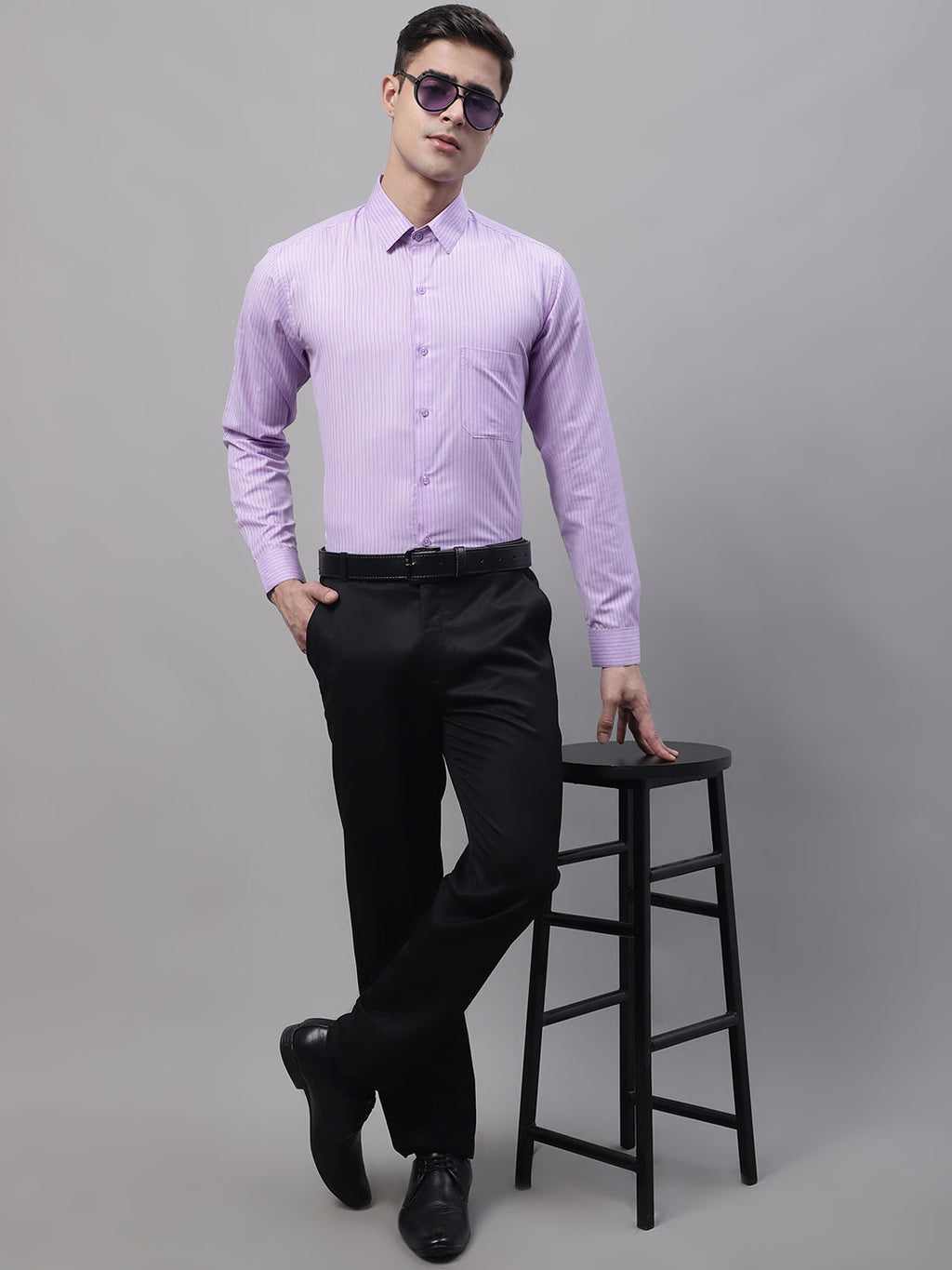 Jainish Men's Purple Vertical Striped Formal Shirt