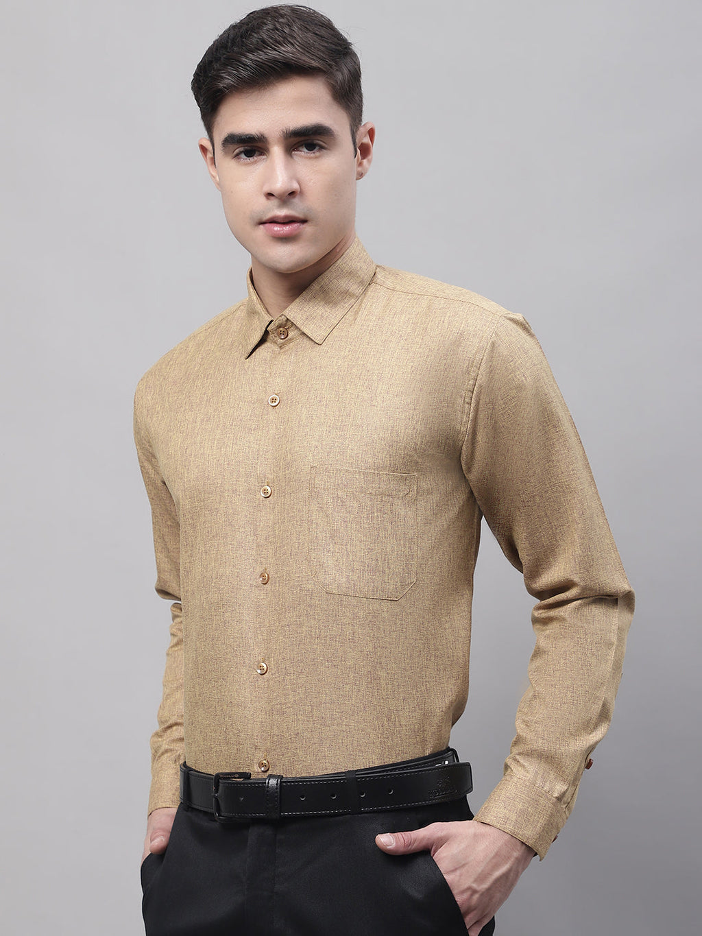 Jainish Men's Brown Cotton Solid Formal Shirt