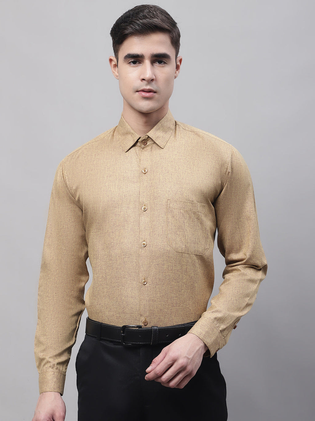Jainish Men's Brown Cotton Solid Formal Shirt