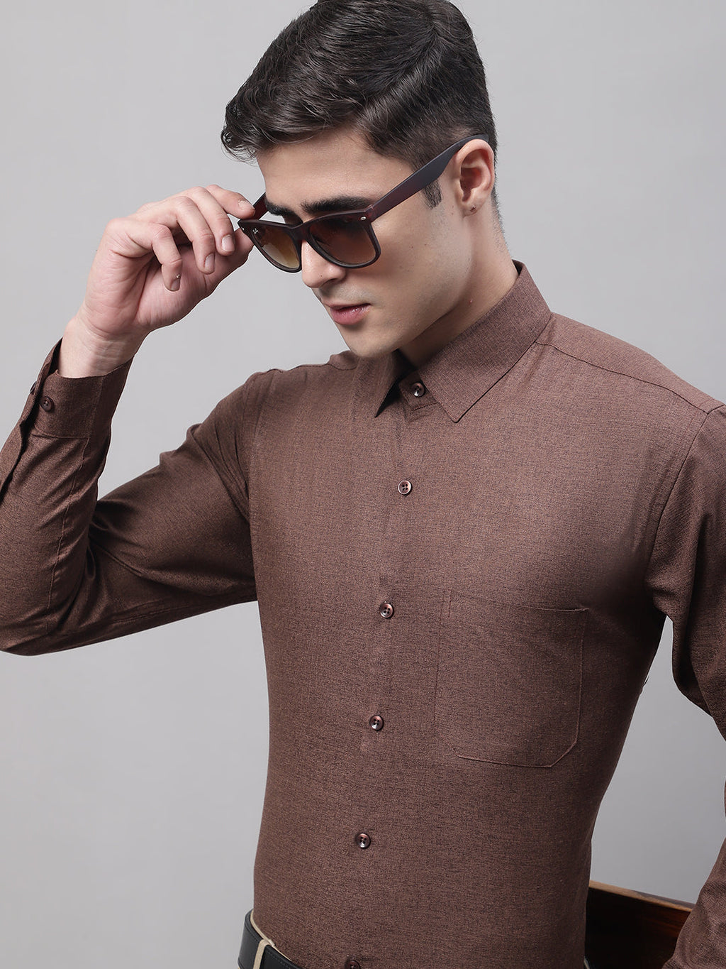 Jainish Men's Coffee Brown Cotton Solid Formal Shirt