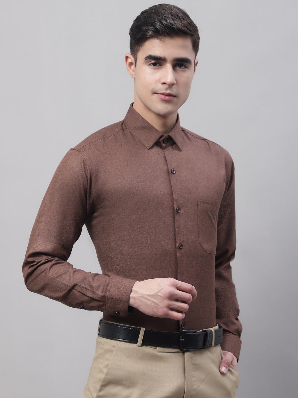 Jainish Men's Coffee Brown Cotton Solid Formal Shirt