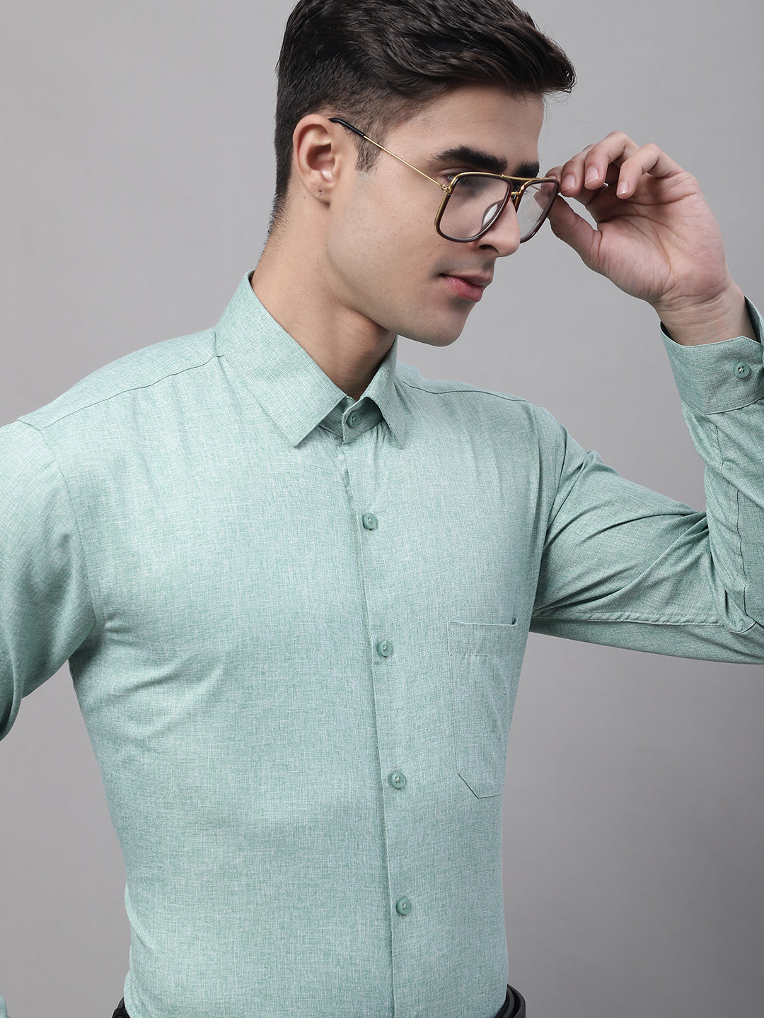 Jainish Men's Green Cotton Solid Formal Shirt