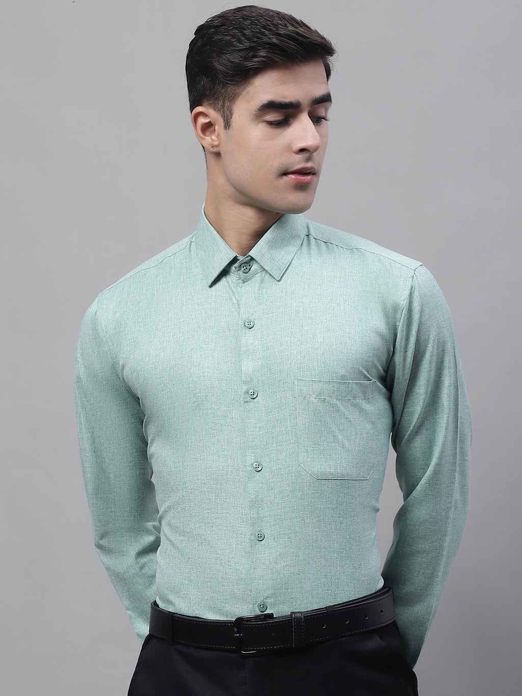 Jainish Men's Green Cotton Solid Formal Shirt