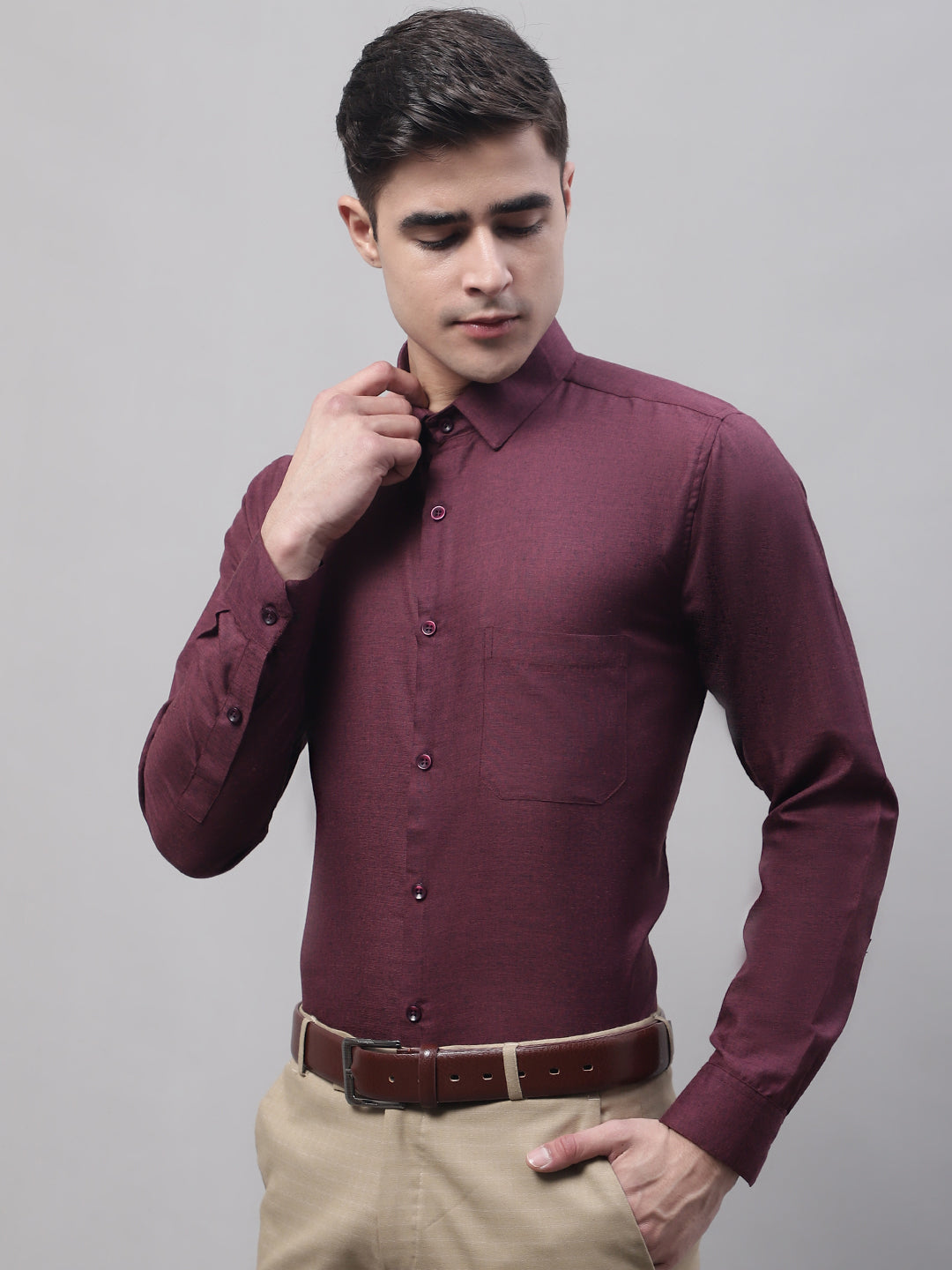 Jainish Men's Maroon Cotton Solid Formal Shirt