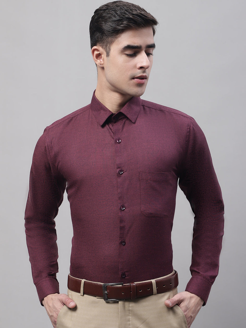 Jainish Men's Maroon Cotton Solid Formal Shirt