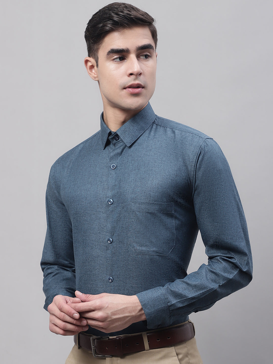 Jainish Men's Teal Blue Cotton Solid Formal Shirt
