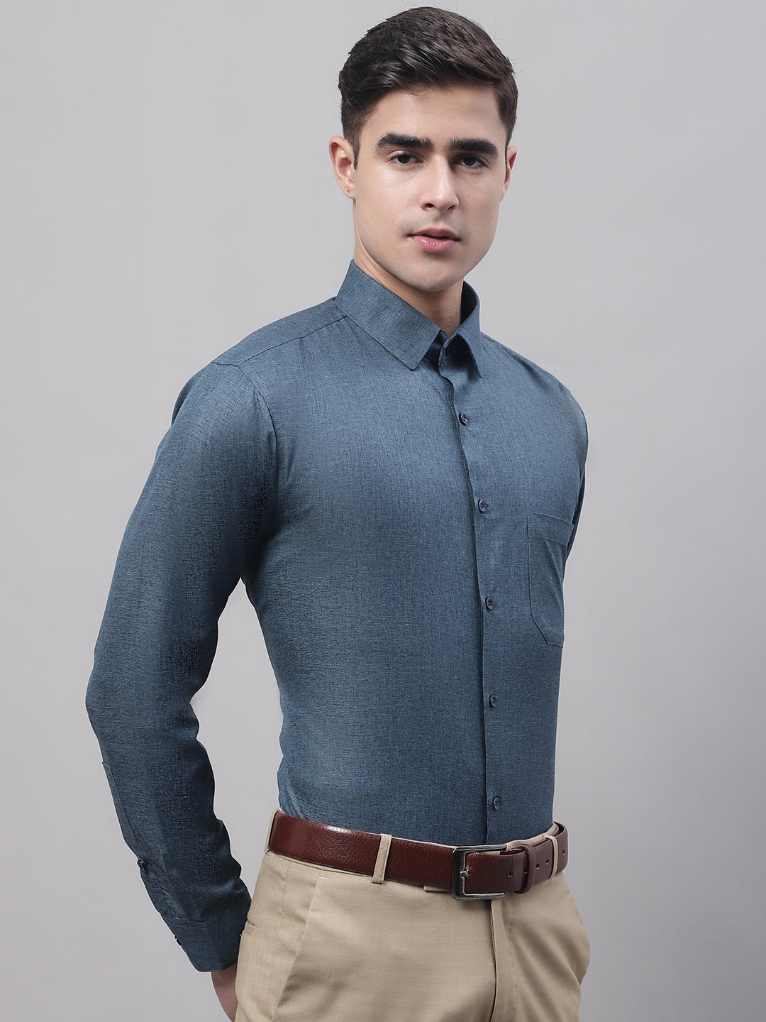 Jainish Men's Teal Blue Cotton Solid Formal Shirt