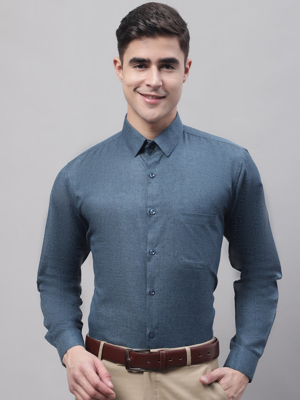 Jainish Men's Teal Blue Cotton Solid Formal Shirt