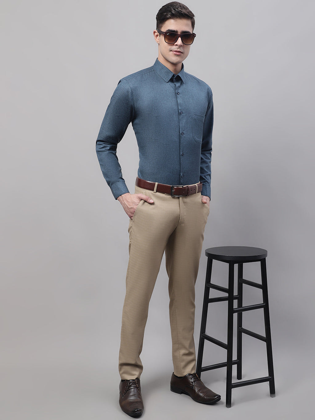 Jainish Men's Teal Blue Cotton Solid Formal Shirt