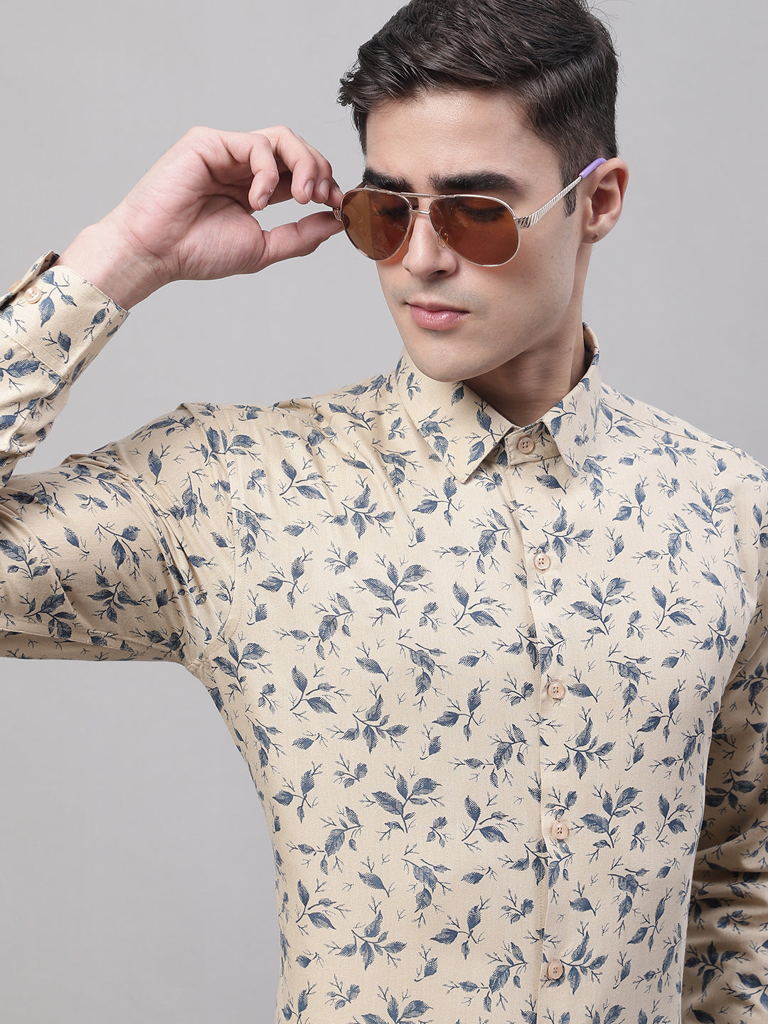 Jainish Men's Beige Regular Fit Printed Pure Cotton Formal Shirt