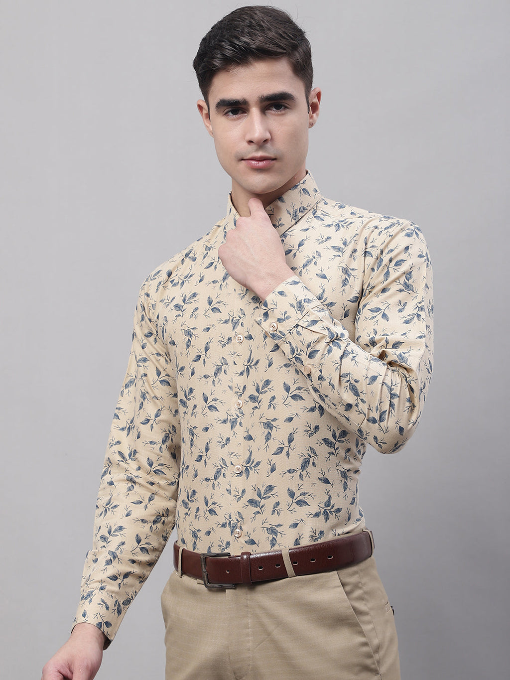 Jainish Men's Beige Regular Fit Printed Pure Cotton Formal Shirt