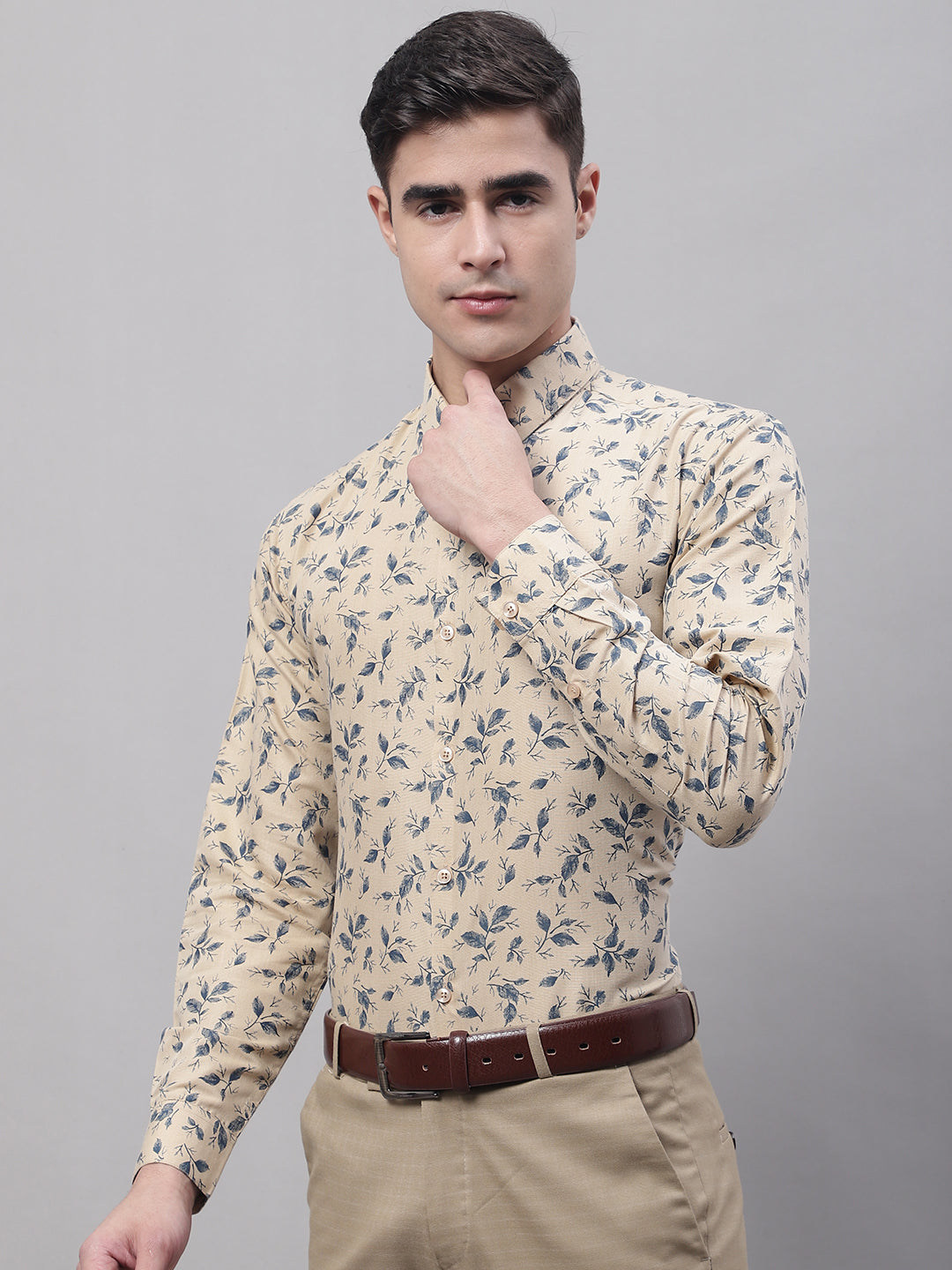 Jainish Men's Beige Regular Fit Printed Pure Cotton Formal Shirt