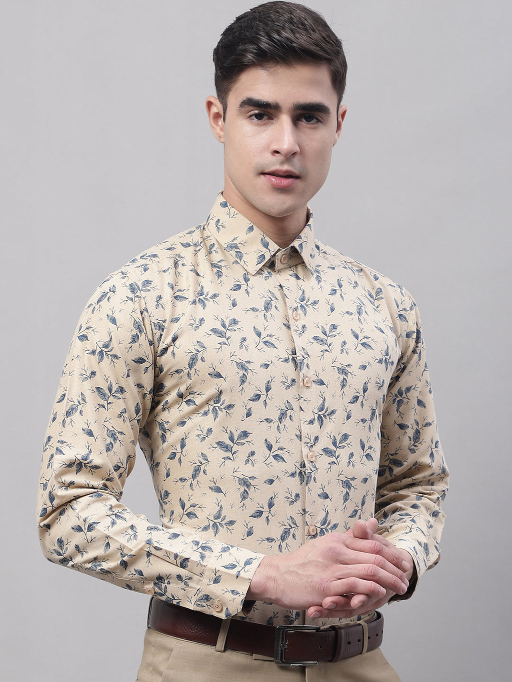 Jainish Men's Beige Regular Fit Printed Pure Cotton Formal Shirt