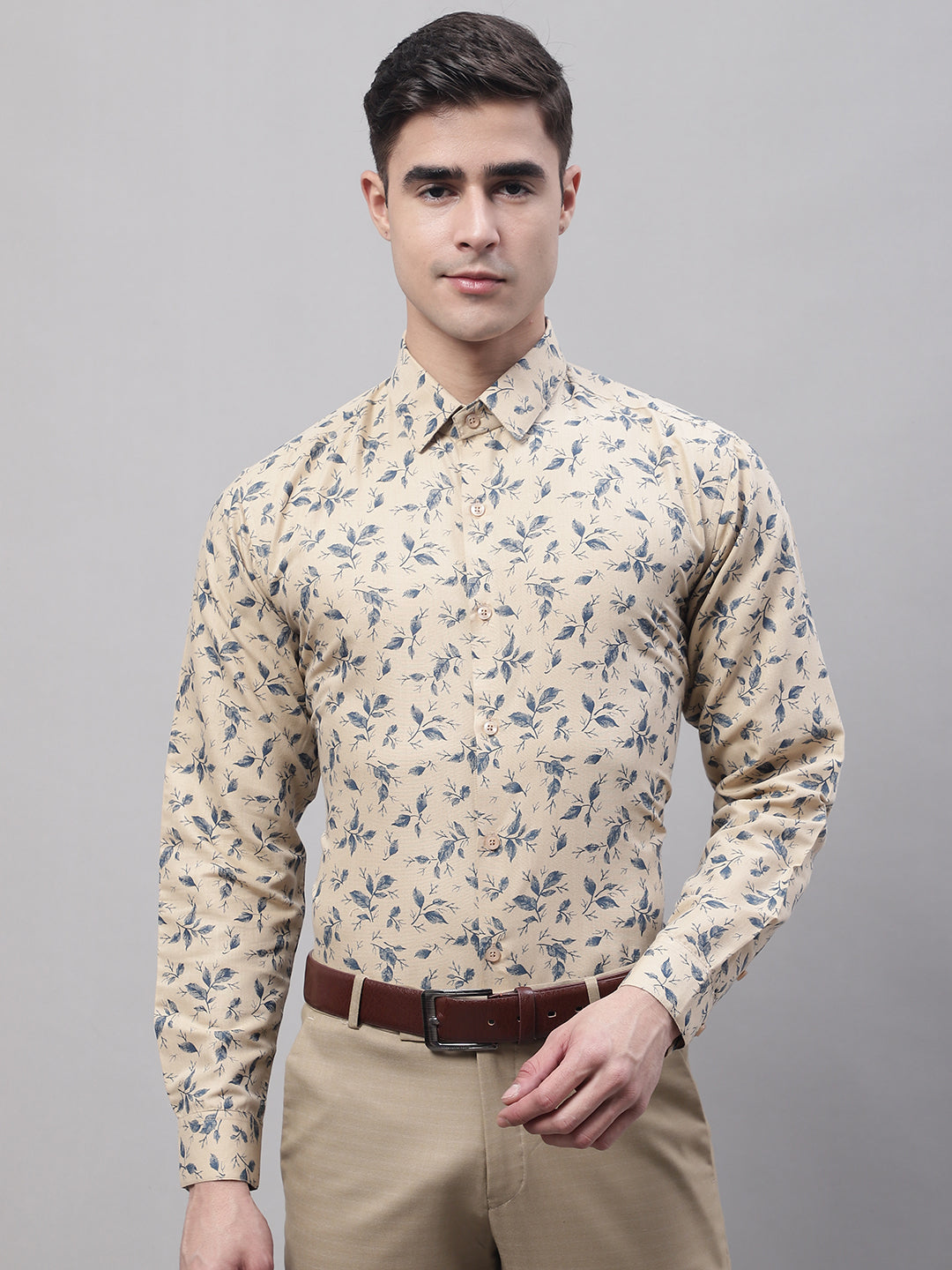Jainish Men's Beige Regular Fit Printed Pure Cotton Formal Shirt