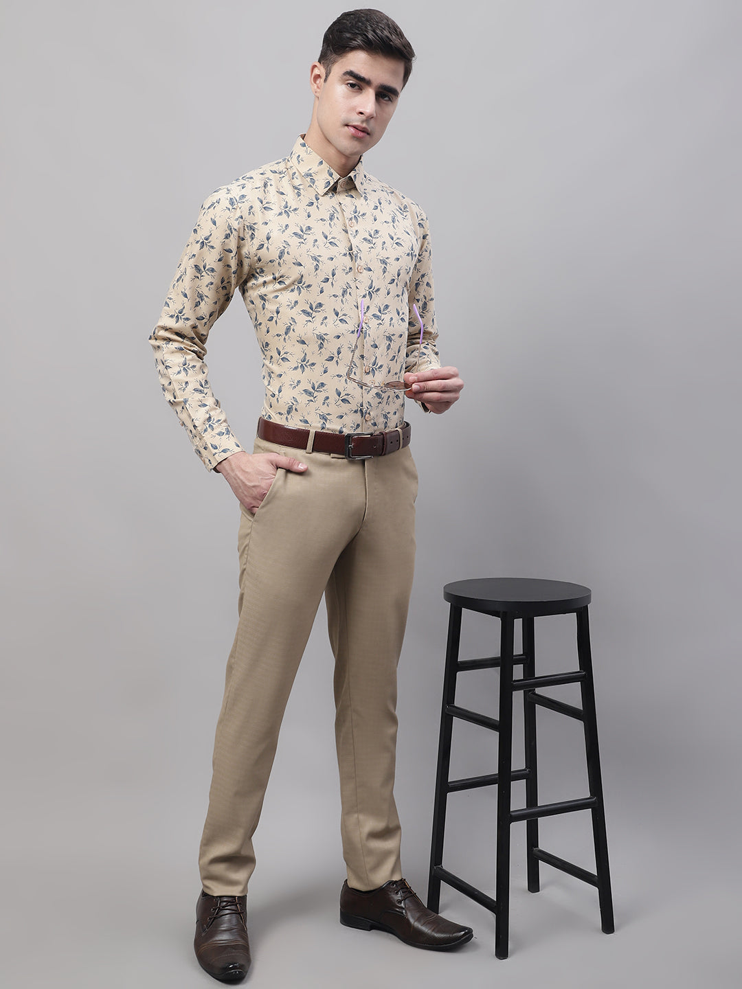 Jainish Men's Beige Regular Fit Printed Pure Cotton Formal Shirt
