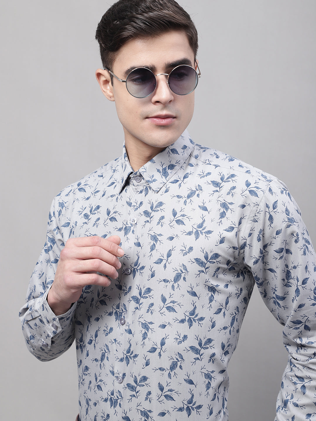 Jainish Men's Grey Regular Fit Printed Pure Cotton Formal Shirt