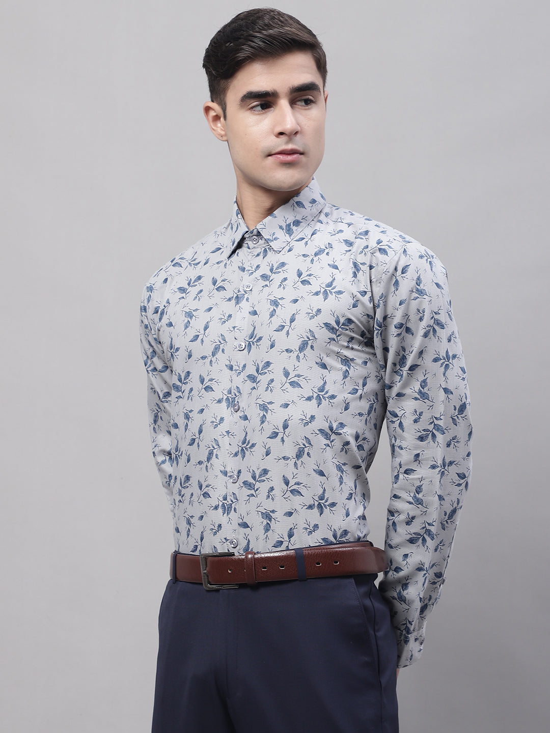 Jainish Men's Grey Regular Fit Printed Pure Cotton Formal Shirt