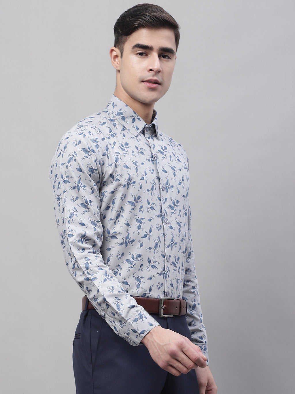Jainish Men's Grey Regular Fit Printed Pure Cotton Formal Shirt