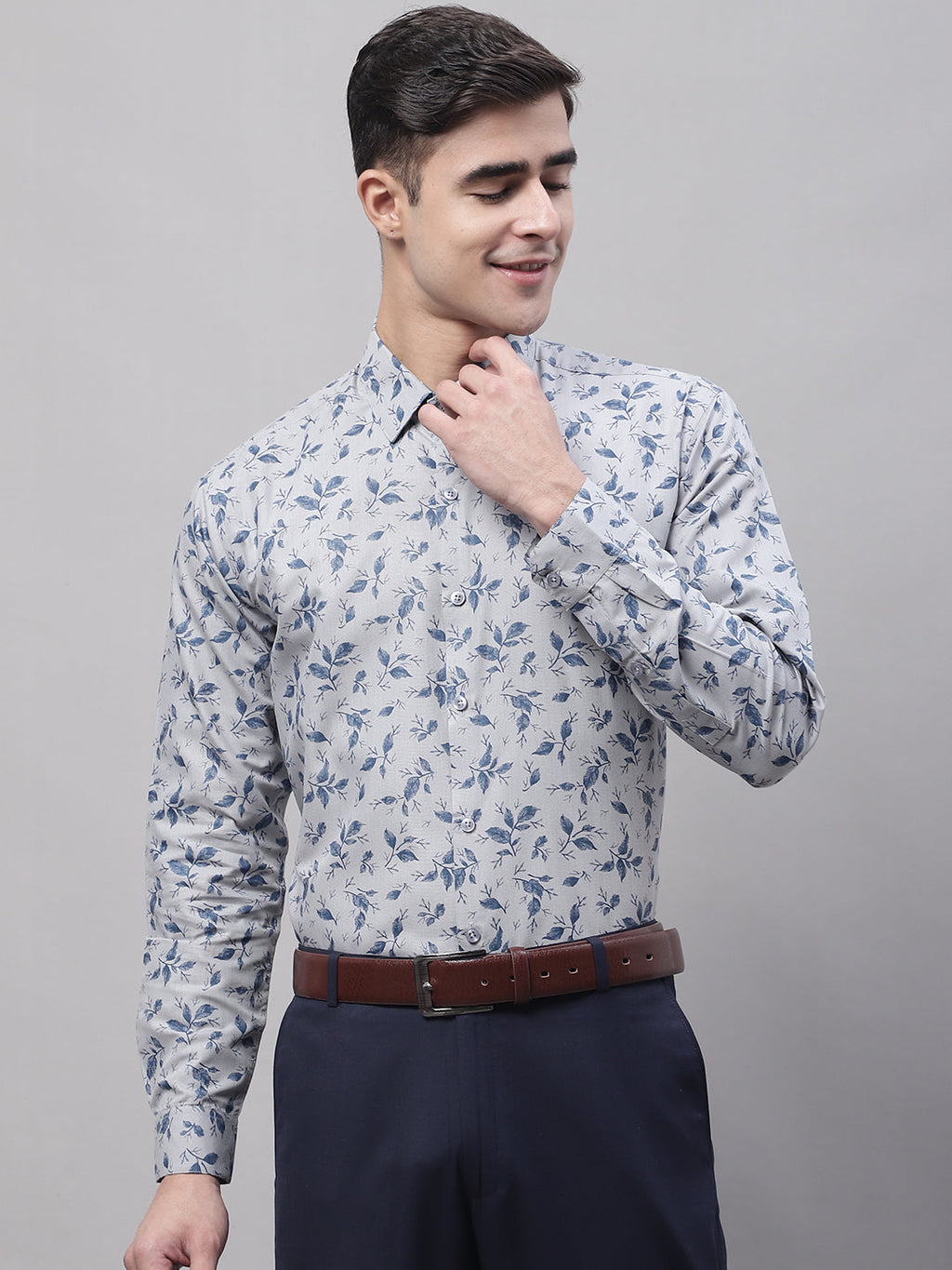 Jainish Men's Grey Regular Fit Printed Pure Cotton Formal Shirt