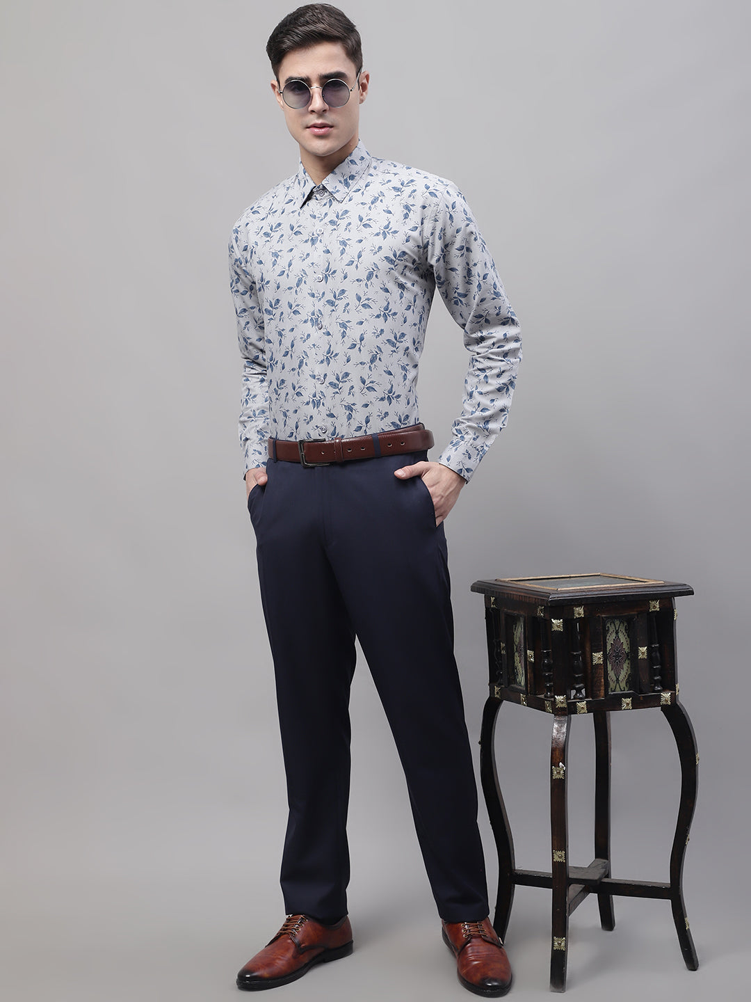 Jainish Men's Grey Regular Fit Printed Pure Cotton Formal Shirt