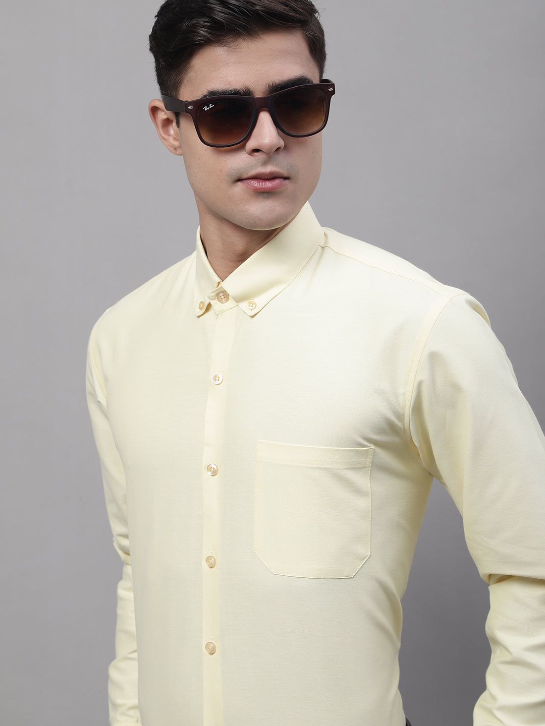 Jainish Men's Lemon Cotton Solid Formal Shirt