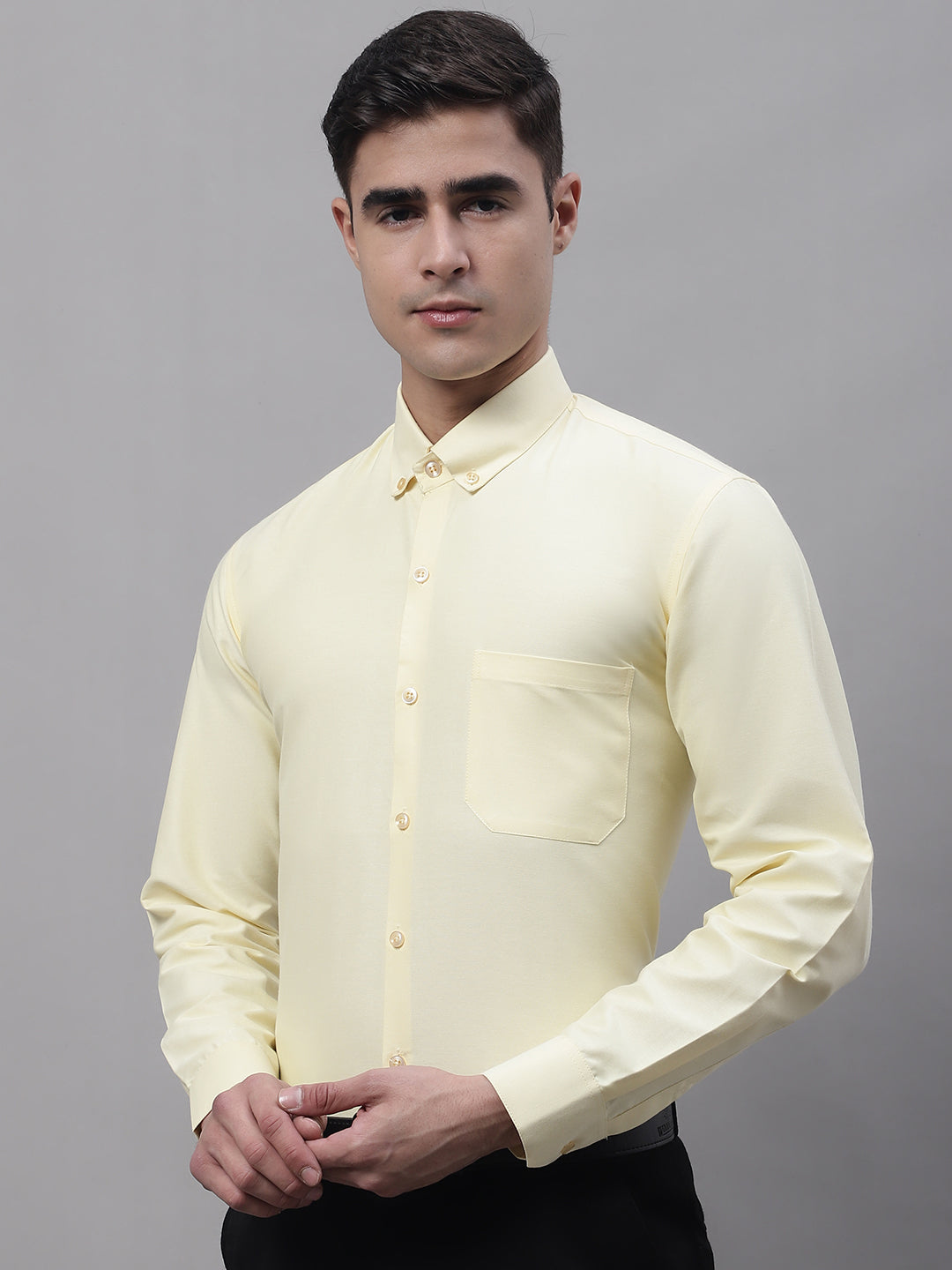 Jainish Men's Lemon Cotton Solid Formal Shirt