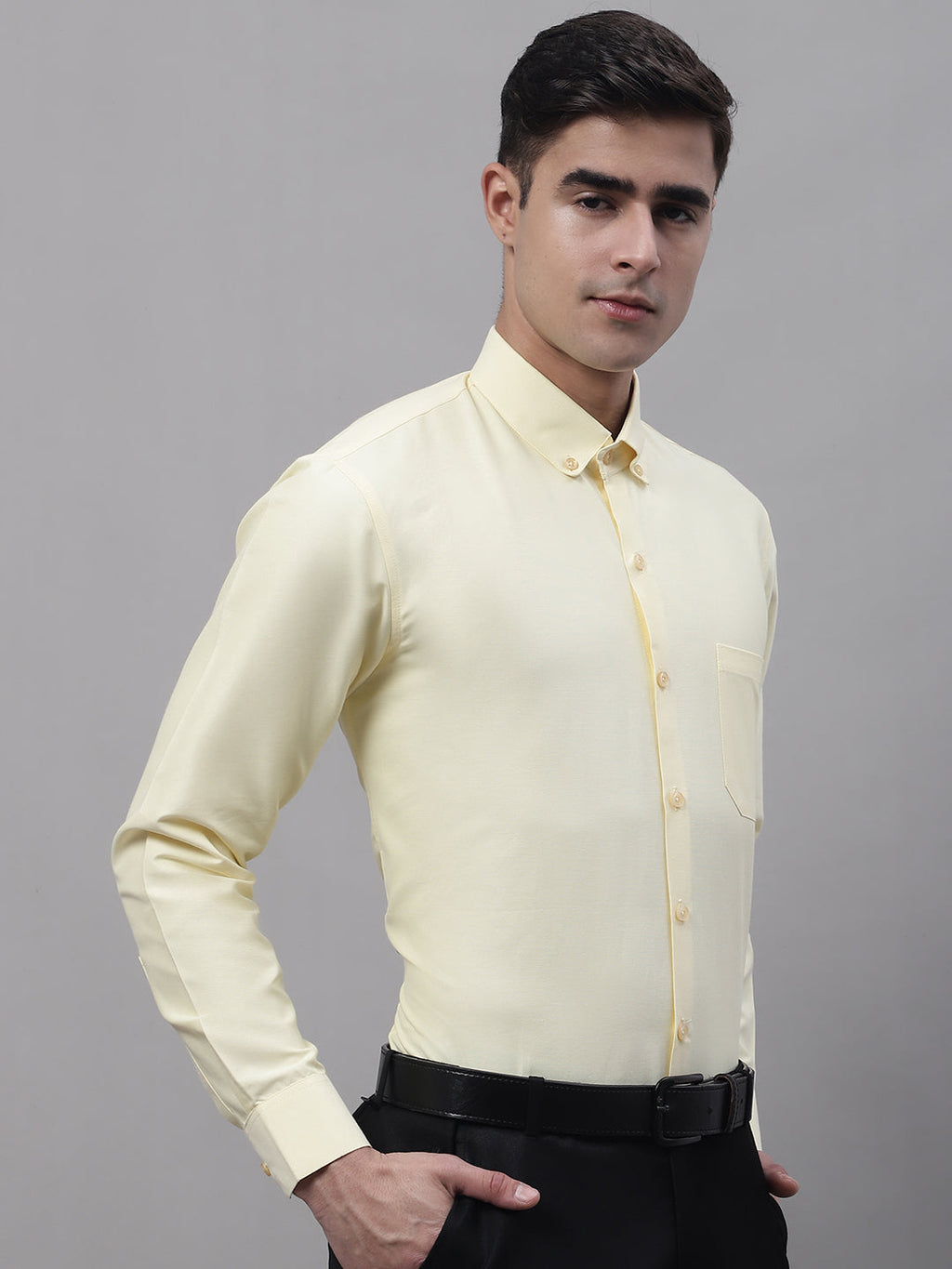 Jainish Men's Lemon Cotton Solid Formal Shirt