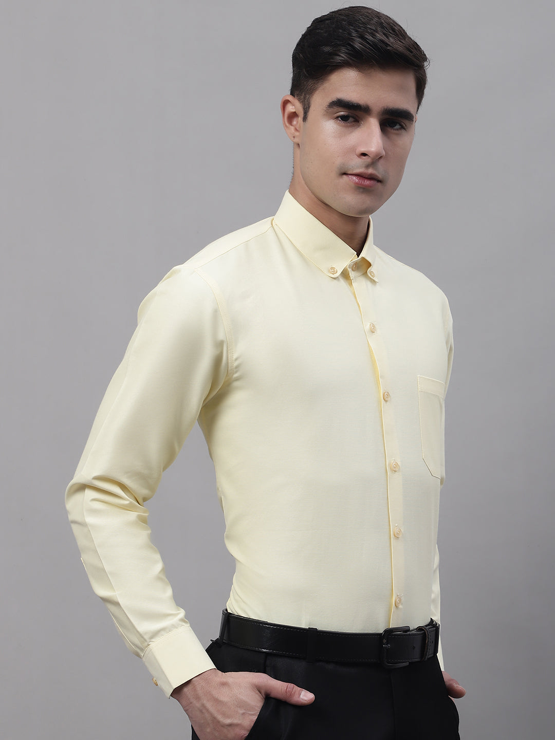 Jainish Men's Lemon Cotton Solid Formal Shirt