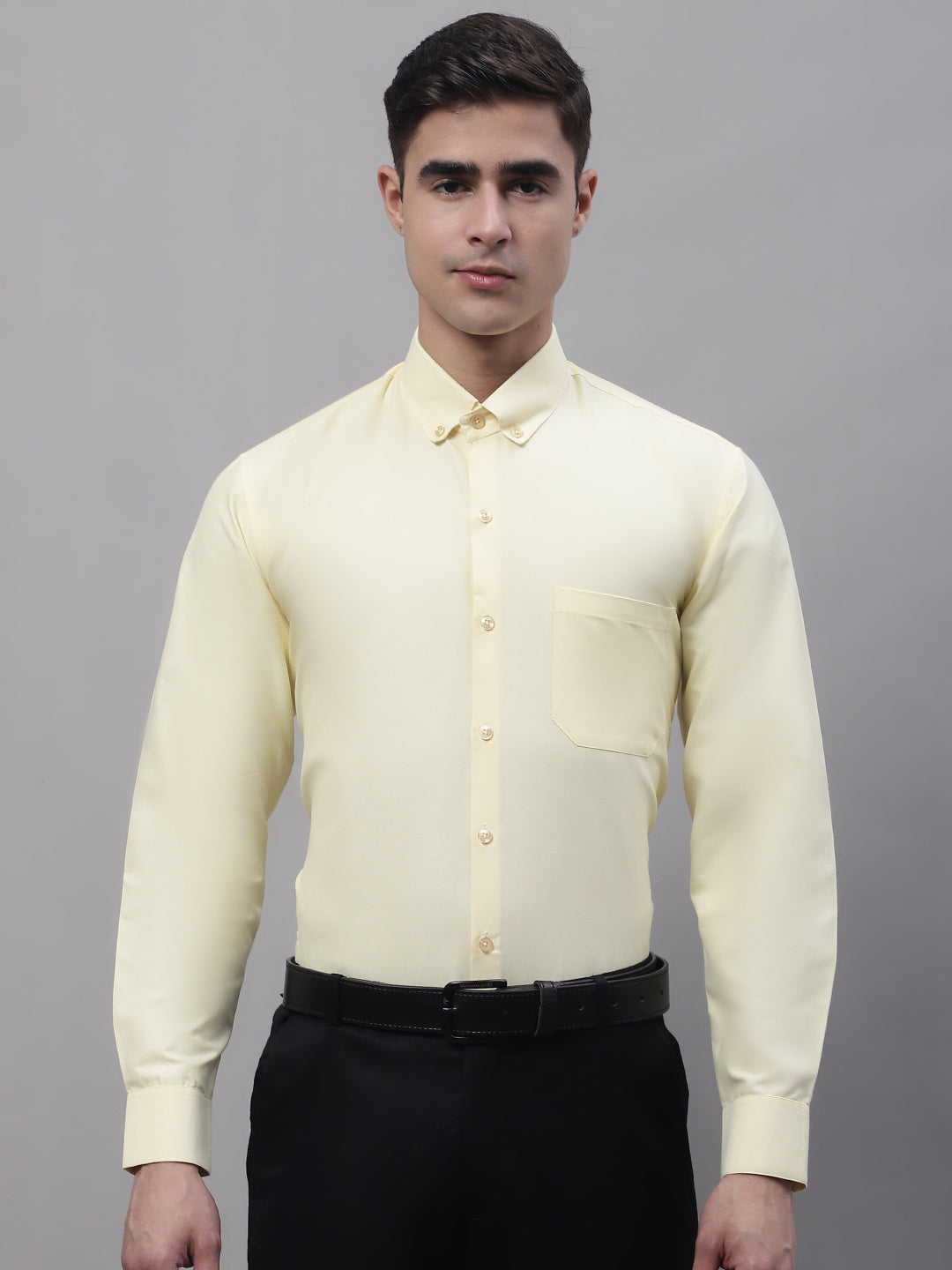 Jainish Men's Lemon Cotton Solid Formal Shirt