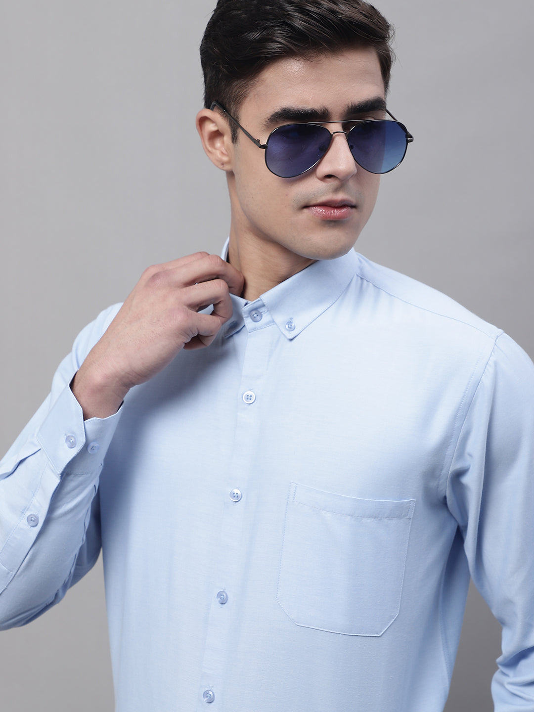 Jainish Men's Sky Blue Cotton Solid Formal Shirt