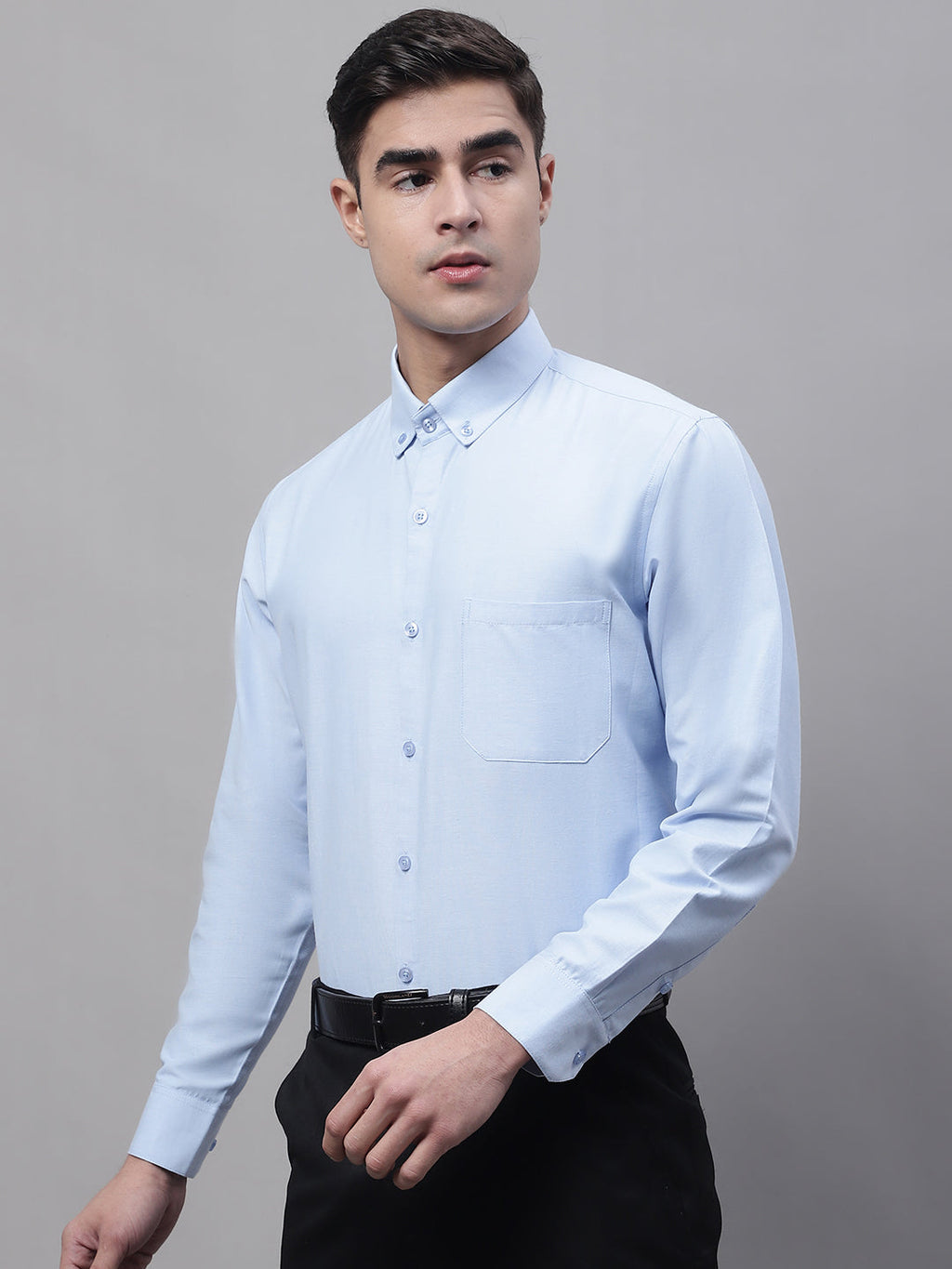 Jainish Men's Sky Blue Cotton Solid Formal Shirt
