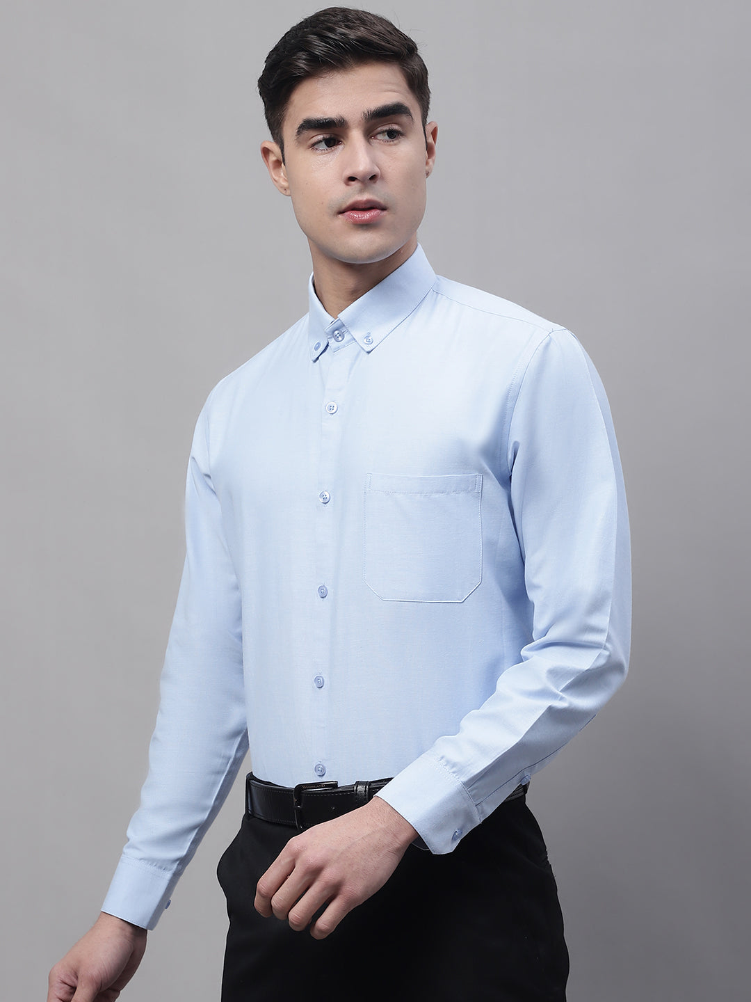 Jainish Men's Sky Blue Cotton Solid Formal Shirt