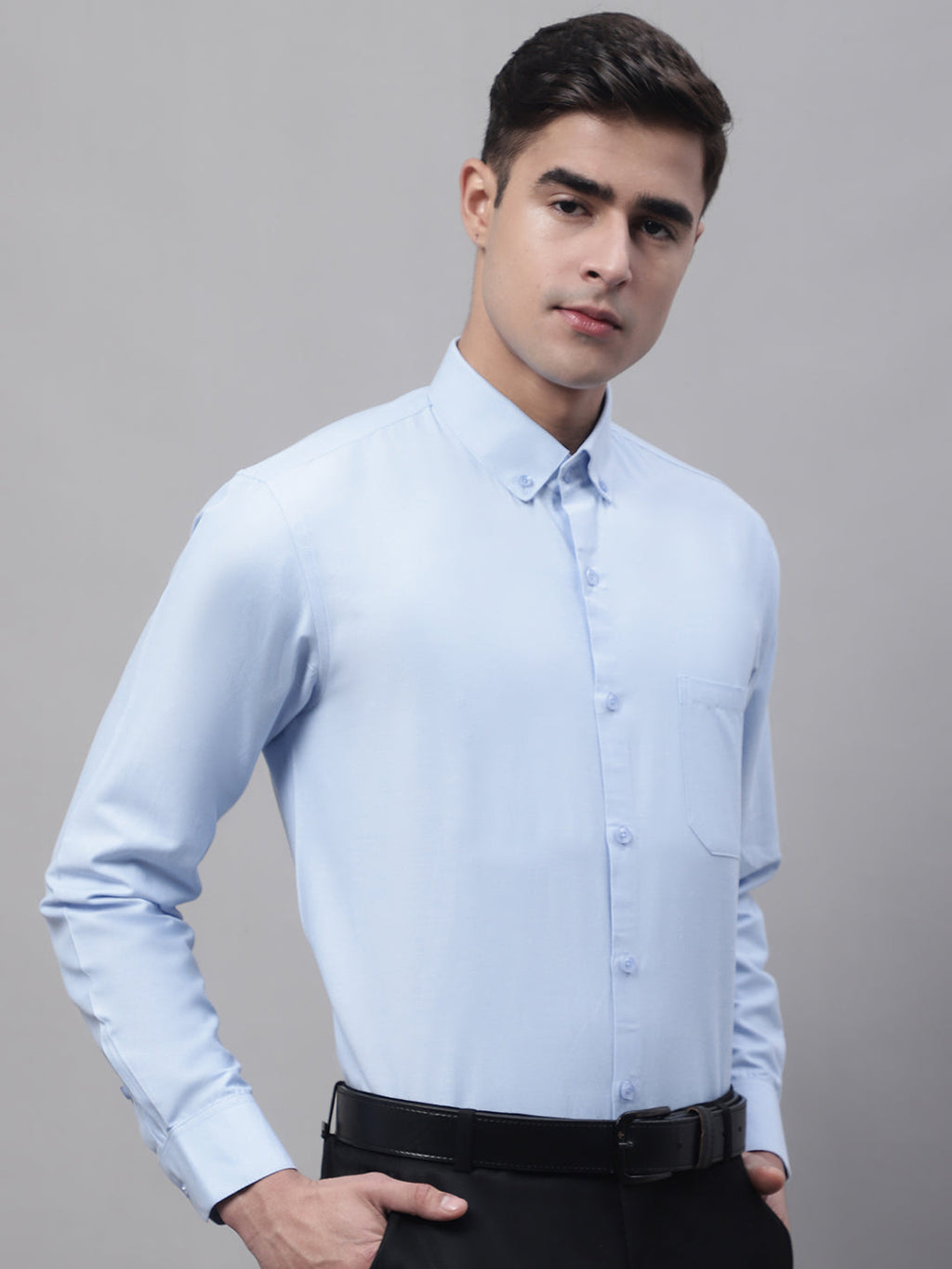 Jainish Men's Sky Blue Cotton Solid Formal Shirt