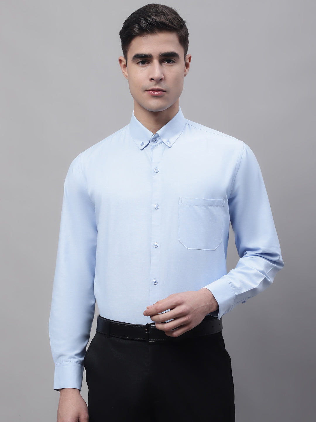 Jainish Men's Sky Blue Cotton Solid Formal Shirt