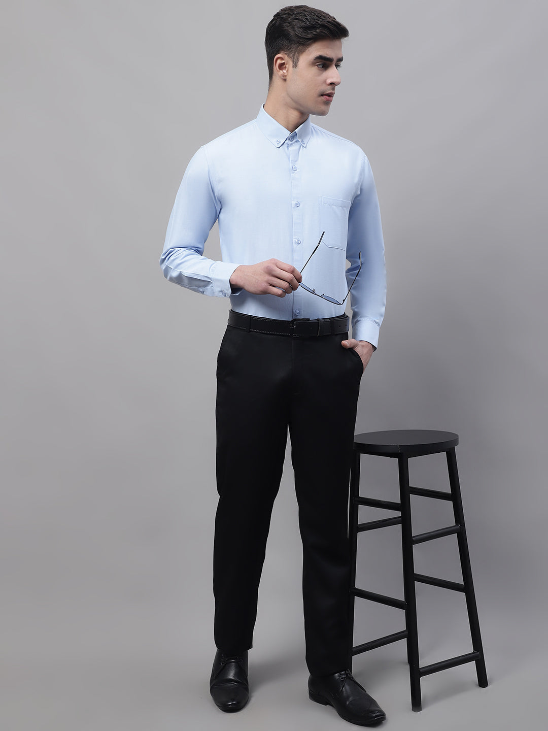 Jainish Men's Sky Blue Cotton Solid Formal Shirt