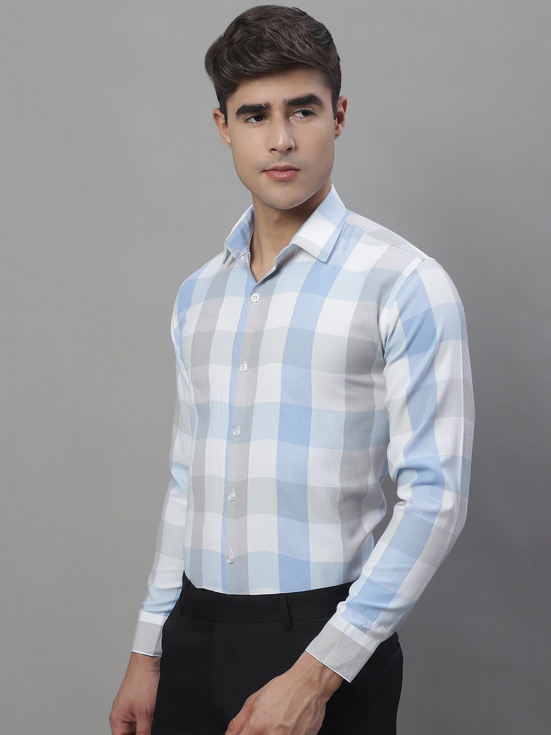 Jainish Men's Pure Cotton Checked Formal Shirts - Blue