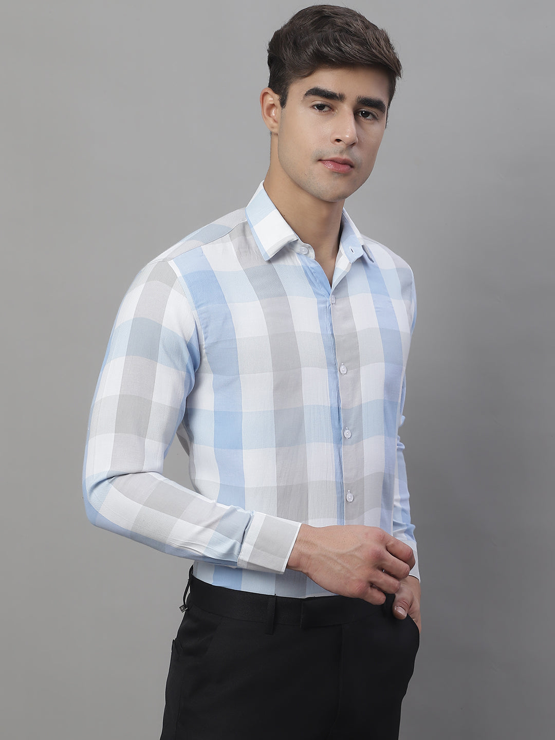 Jainish Men's Pure Cotton Checked Formal Shirts - Blue