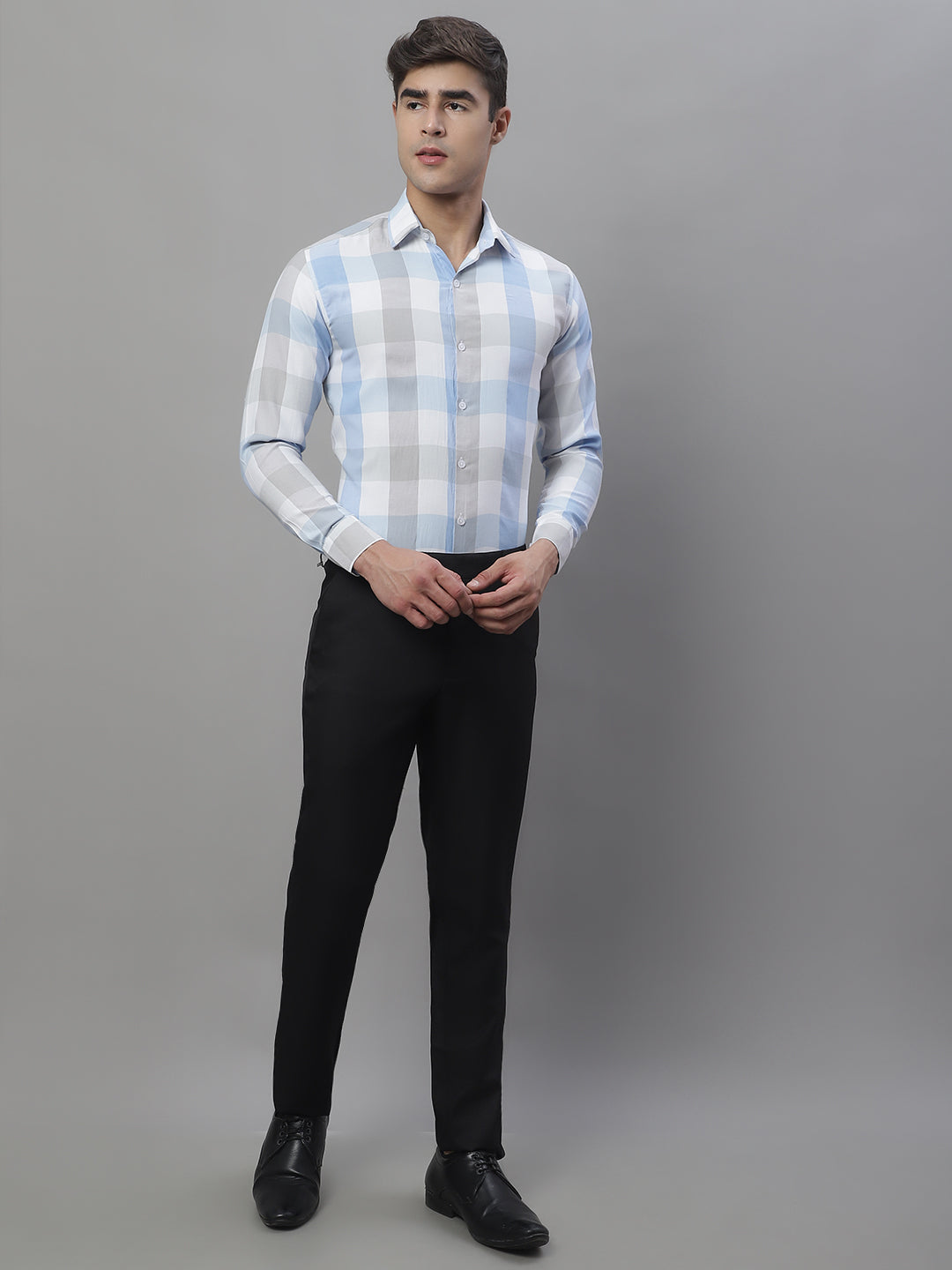 Jainish Men's Pure Cotton Checked Formal Shirts - Blue